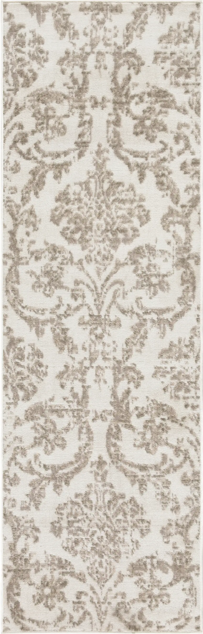 7' Beige and Ivory Damask Distressed Runner Rug Photo 4