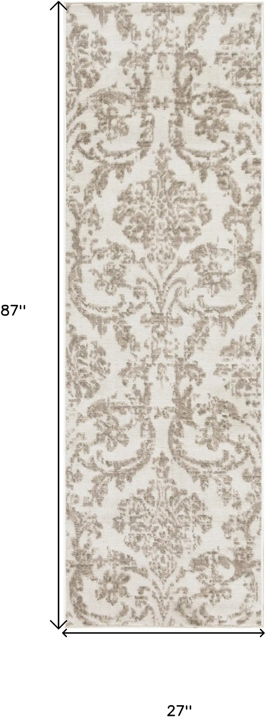 7' Beige and Ivory Damask Distressed Runner Rug Photo 3