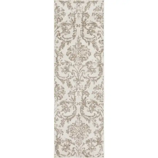 7' Beige and Ivory Damask Distressed Runner Rug Photo 1