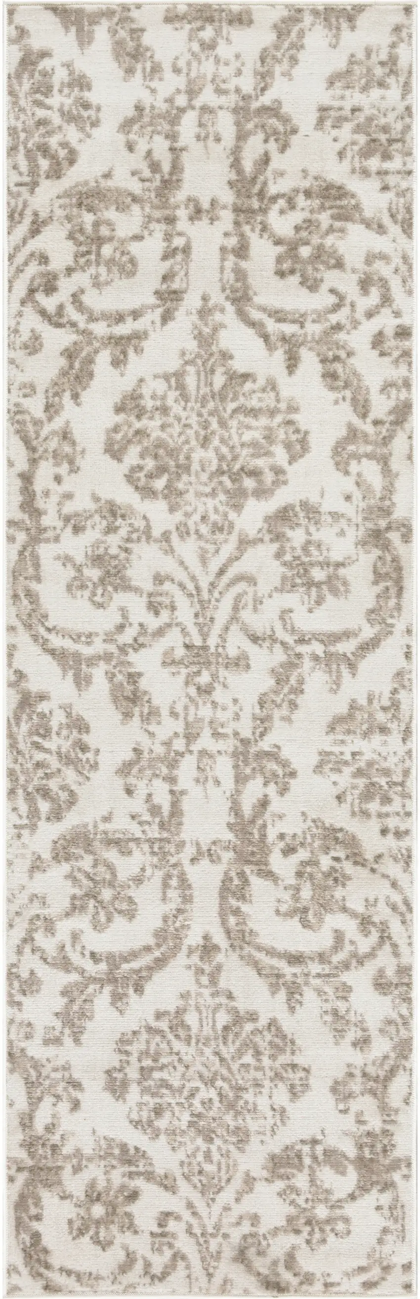 7' Beige and Ivory Damask Distressed Runner Rug Photo 1