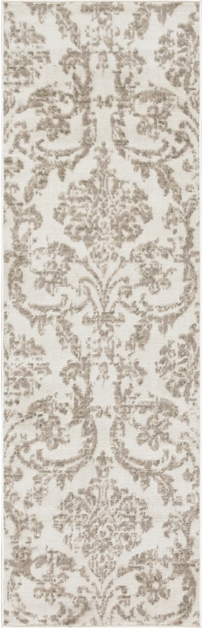 7' Beige and Ivory Damask Distressed Runner Rug Photo 2