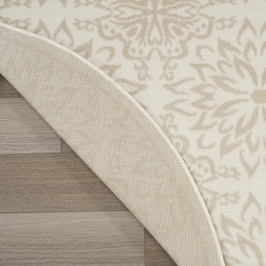 5' Beige and Ivory Floral Non Skid Round Rug Photo 8