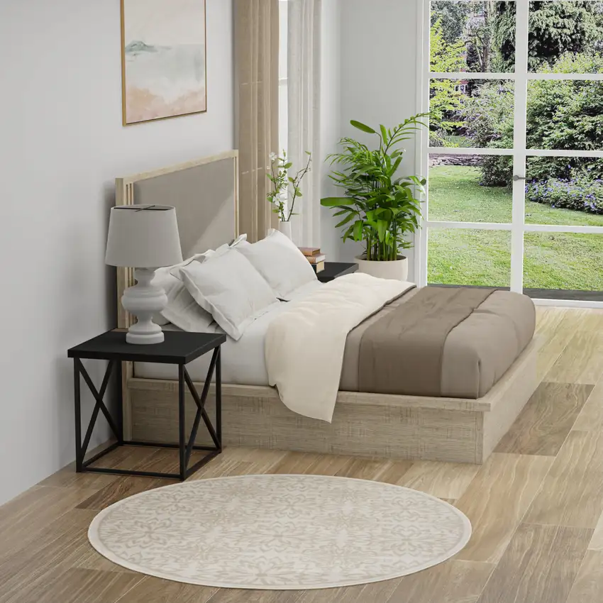 5' Beige and Ivory Floral Non Skid Round Rug Photo 5