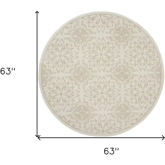 5' Beige and Ivory Floral Non Skid Round Rug Photo 3