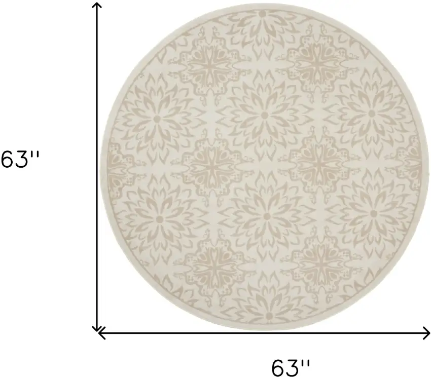 5' Beige and Ivory Floral Non Skid Round Rug Photo 3