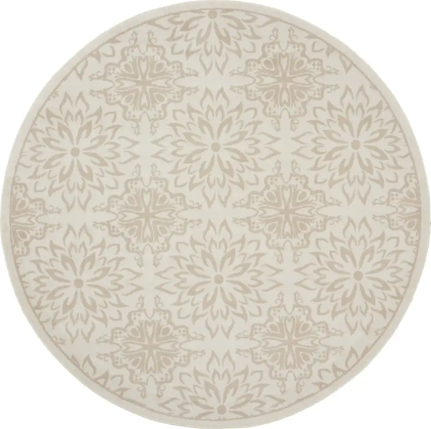 5' Beige and Ivory Floral Non Skid Round Rug Photo 4