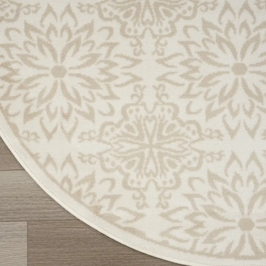 5' Beige and Ivory Floral Non Skid Round Rug Photo 6