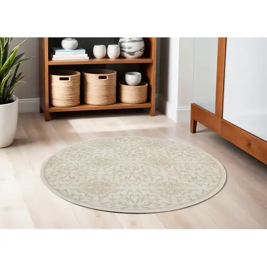 5' Beige and Ivory Floral Non Skid Round Rug Photo 1