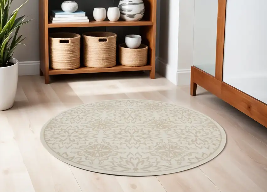 5' Beige and Ivory Floral Non Skid Round Rug Photo 1