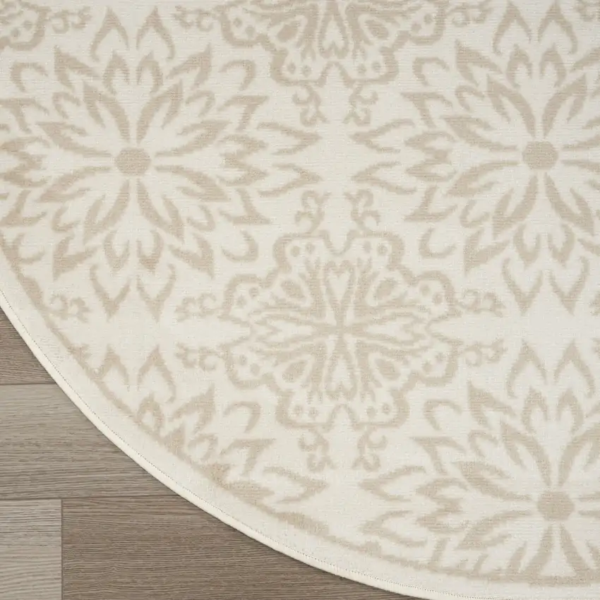 5' Beige and Ivory Floral Non Skid Round Rug Photo 9