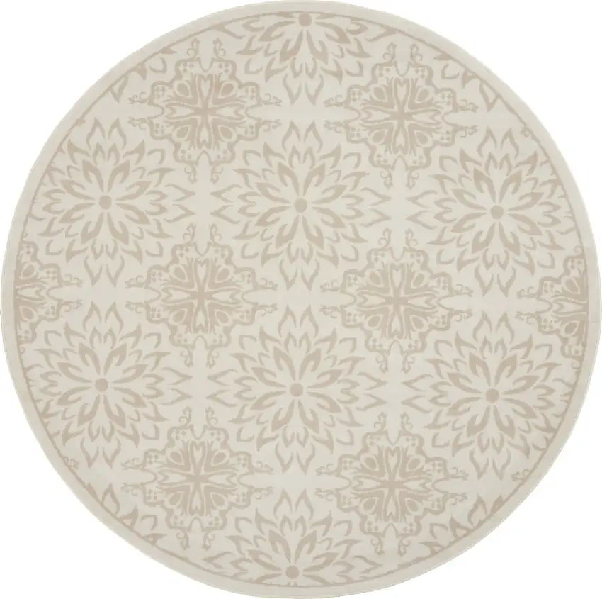 5' Beige and Ivory Floral Non Skid Round Rug Photo 5