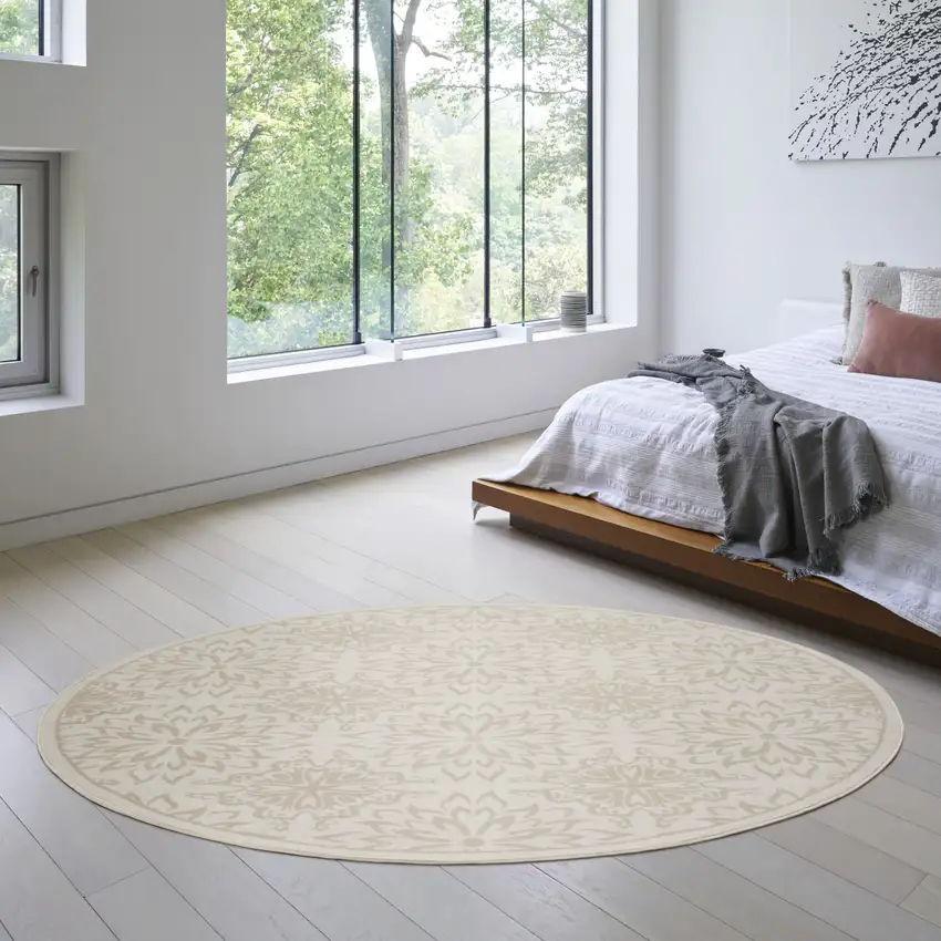 8' Beige and Ivory Floral Non Skid Round Rug Photo 8
