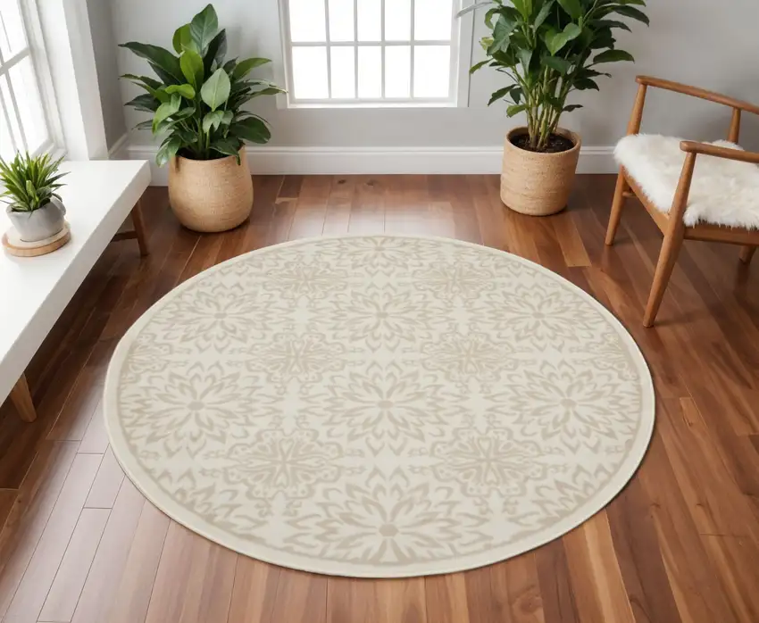 8' Beige and Ivory Floral Non Skid Round Rug Photo 1