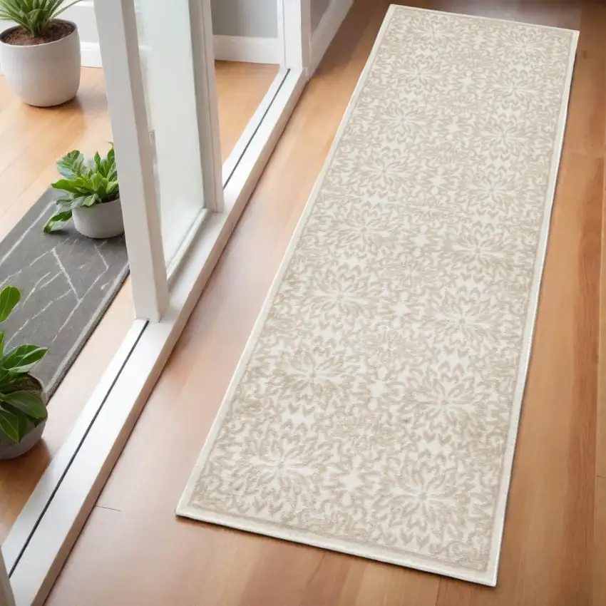 6' Beige and Ivory Floral Non Skid Runner Rug Photo 1