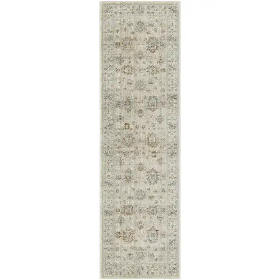 8' Beige and Ivory Oriental Power Loom Distressed Runner Rug With Fringe Photo 3