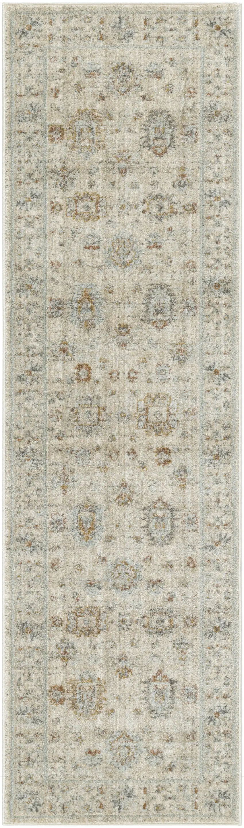 8' Beige and Ivory Oriental Power Loom Distressed Runner Rug With Fringe Photo 3