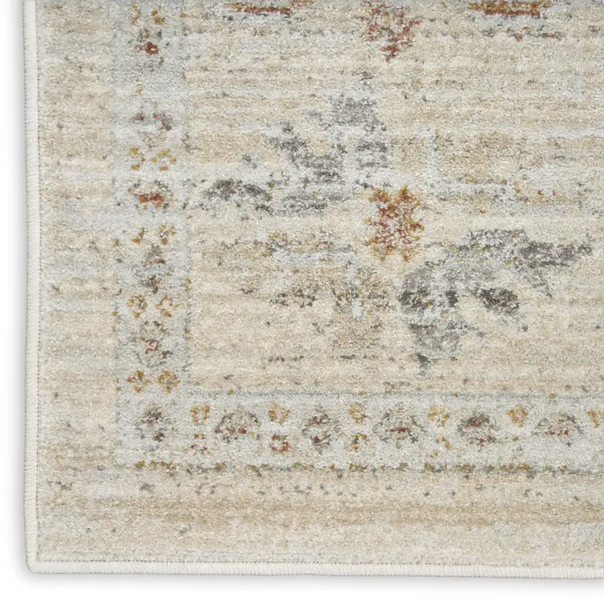8' Beige and Ivory Oriental Power Loom Distressed Runner Rug With Fringe Photo 9