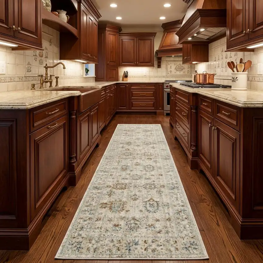 8' Beige and Ivory Oriental Power Loom Distressed Runner Rug With Fringe Photo 1