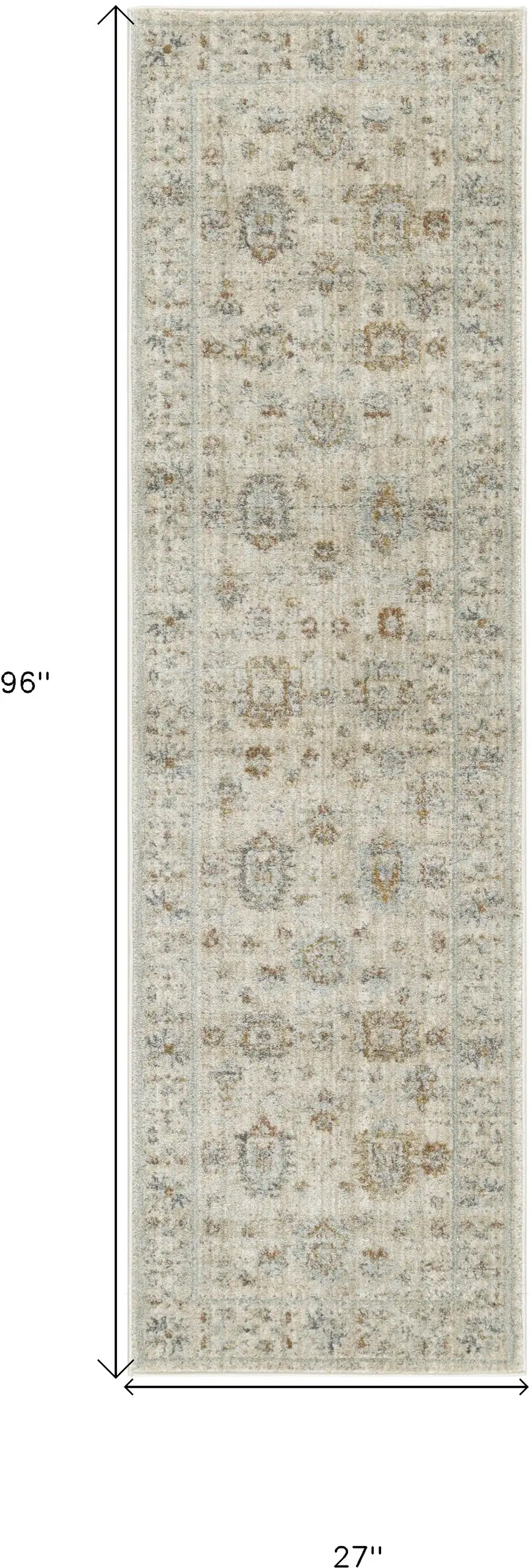 8' Beige and Ivory Oriental Power Loom Distressed Runner Rug With Fringe Photo 8