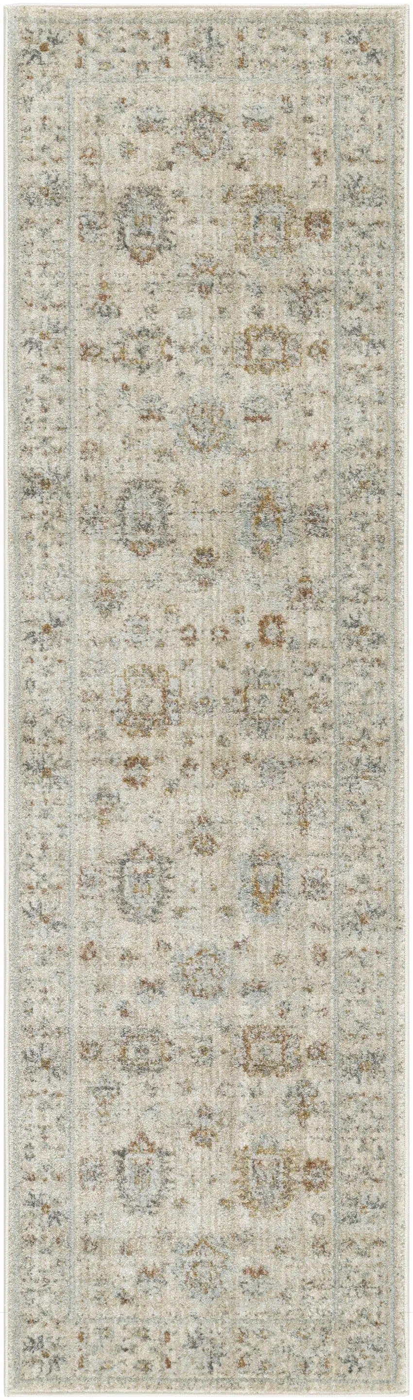 8' Beige and Ivory Oriental Power Loom Distressed Runner Rug With Fringe Photo 1