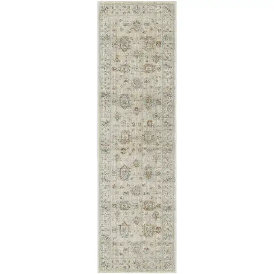 8' Beige and Ivory Oriental Power Loom Distressed Runner Rug With Fringe Photo 4