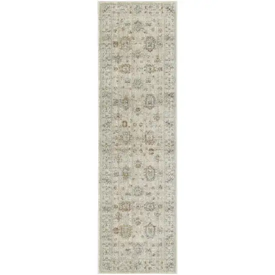 8' Beige and Ivory Oriental Power Loom Distressed Runner Rug With Fringe Photo 2