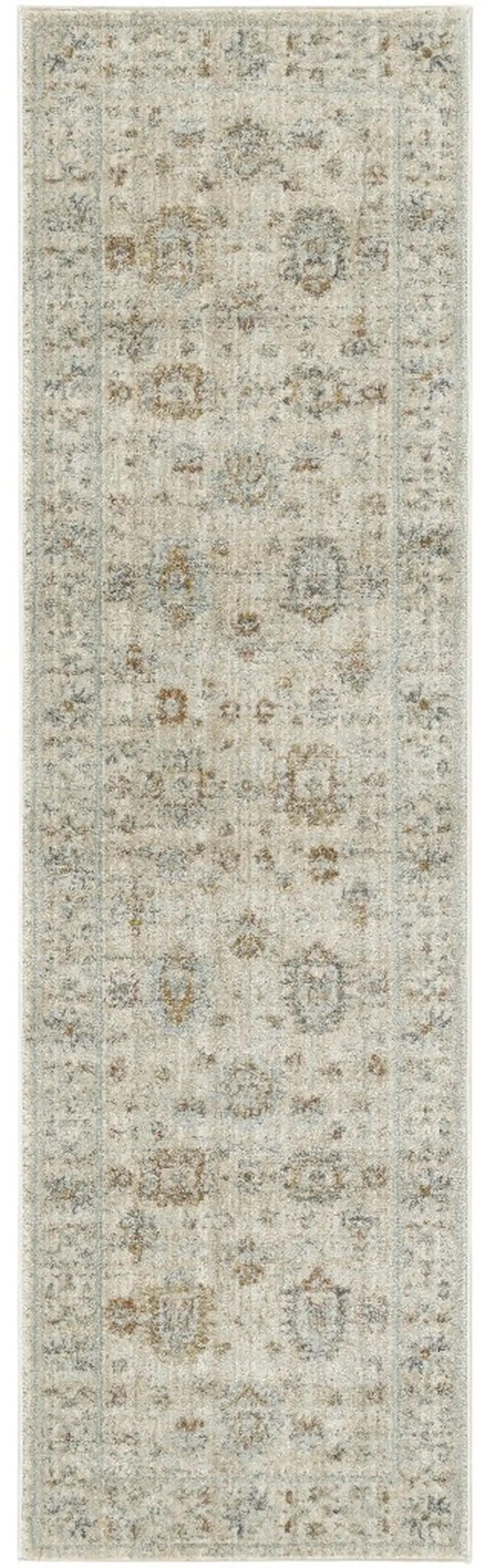 8' Beige and Ivory Oriental Power Loom Distressed Runner Rug With Fringe Photo 2