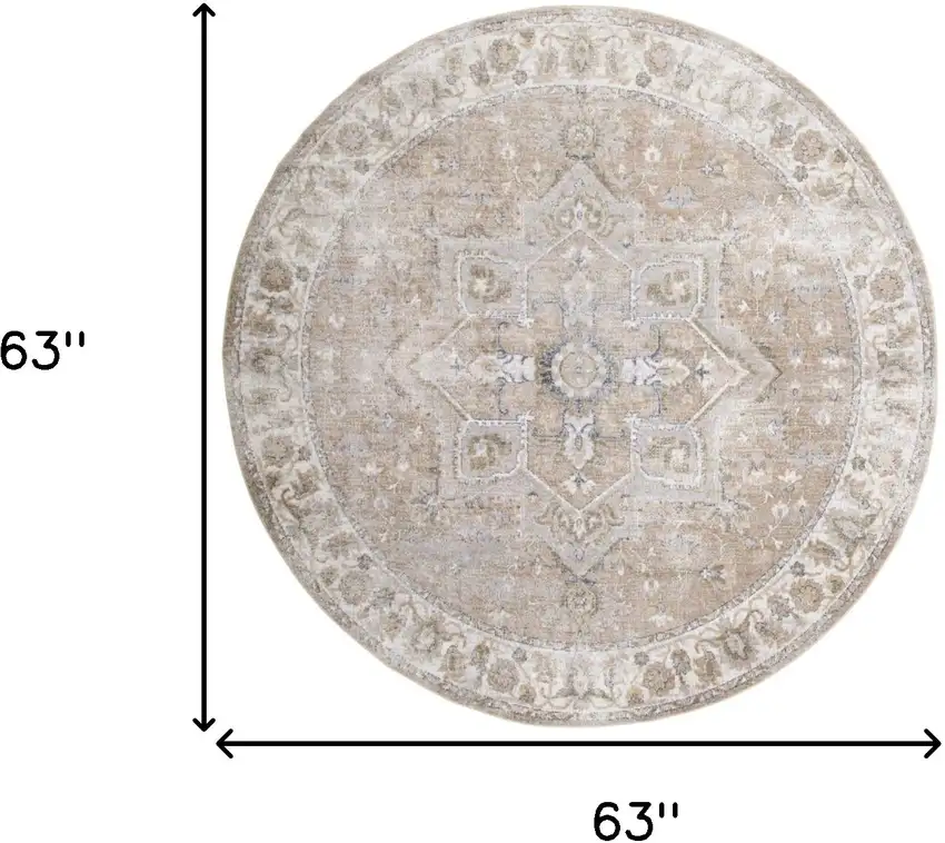 5' Beige and Ivory Round Floral Medallion Power Loom Washable Area Rug Photo 8