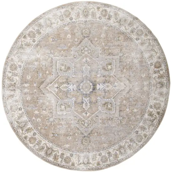 5' Beige and Ivory Round Floral Medallion Power Loom Washable Area Rug Photo 3