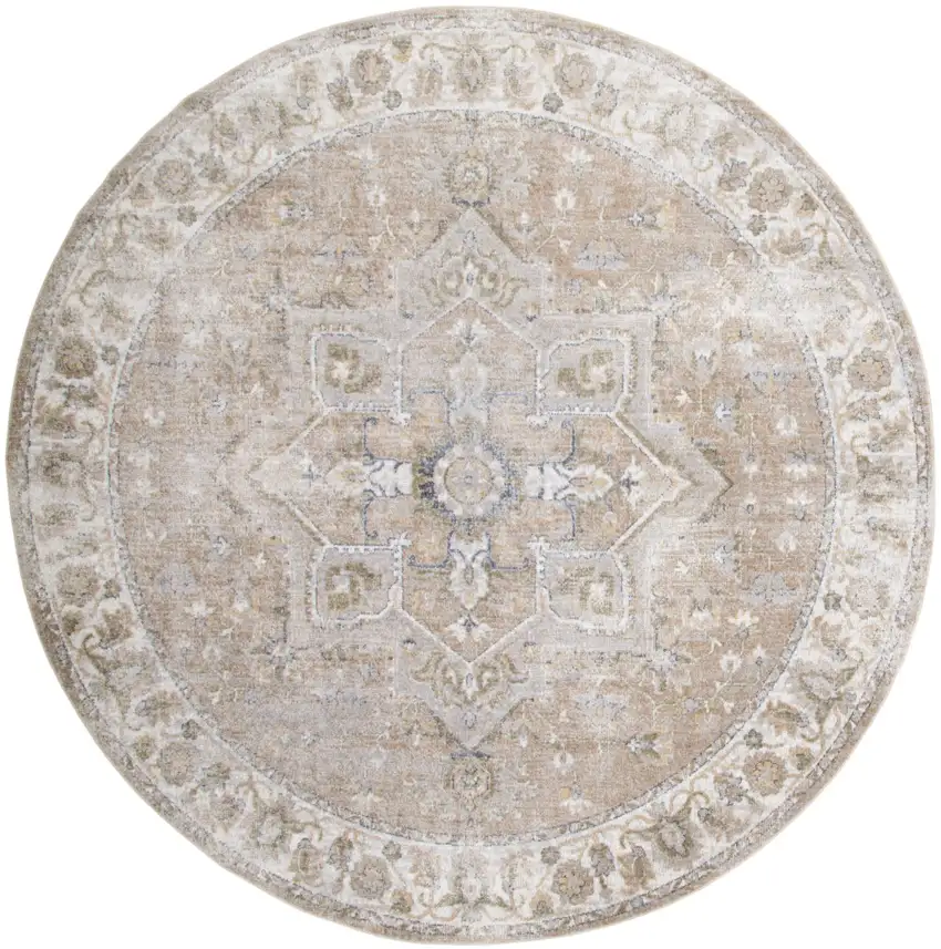 5' Beige and Ivory Round Floral Medallion Power Loom Washable Area Rug Photo 2
