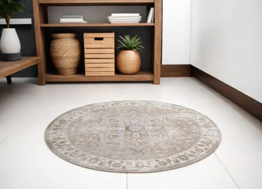 5' Beige and Ivory Round Floral Medallion Power Loom Washable Area Rug Photo 1