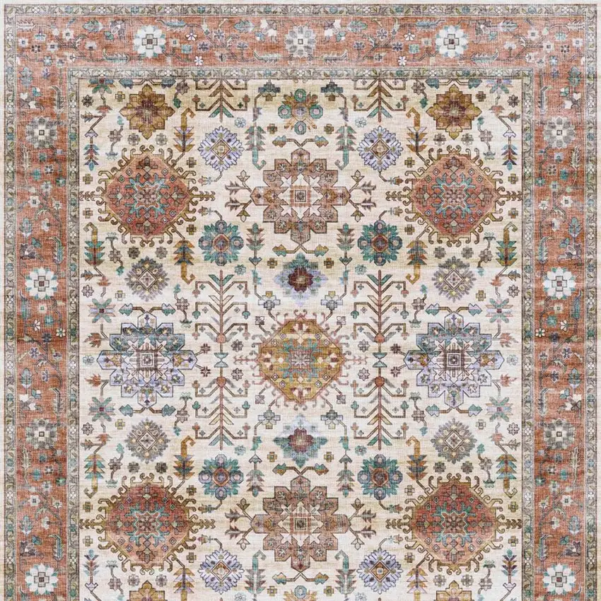 8' Beige and Orange Oriental Distressed Non Skid Runner Rug Photo 9