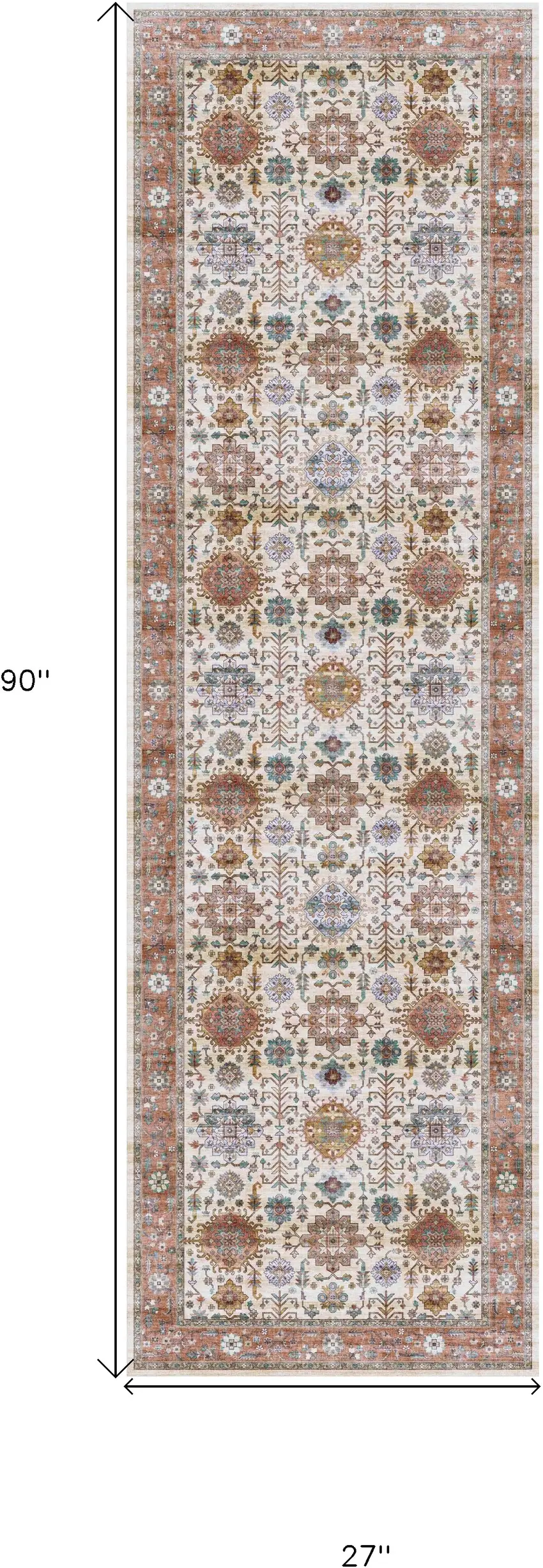 8' Beige and Orange Oriental Distressed Non Skid Runner Rug Photo 3