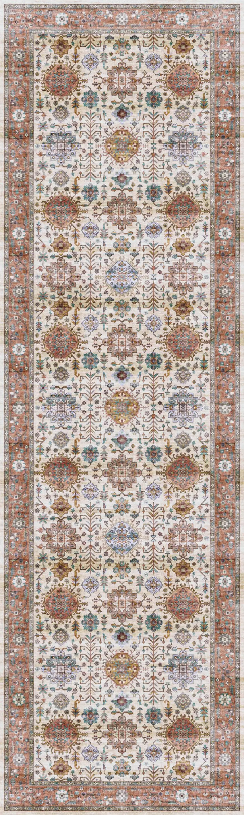 8' Beige and Orange Oriental Distressed Non Skid Runner Rug Photo 2
