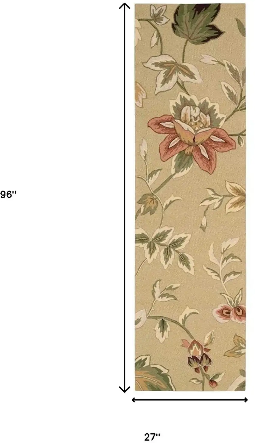 8' Beige and Red Botanical Leaves Hand Carved Handmade Runner Rug Photo 7