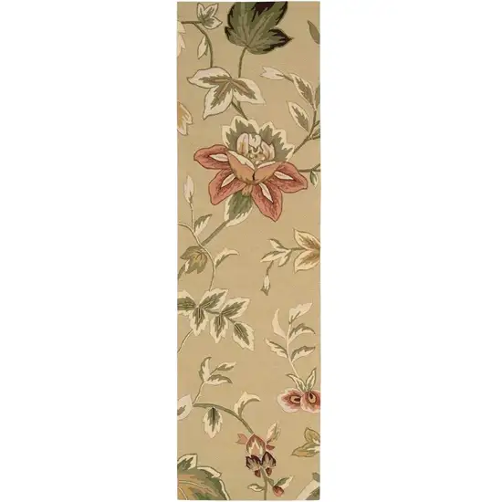 8' Beige and Red Botanical Leaves Hand Carved Handmade Runner Rug Photo 1