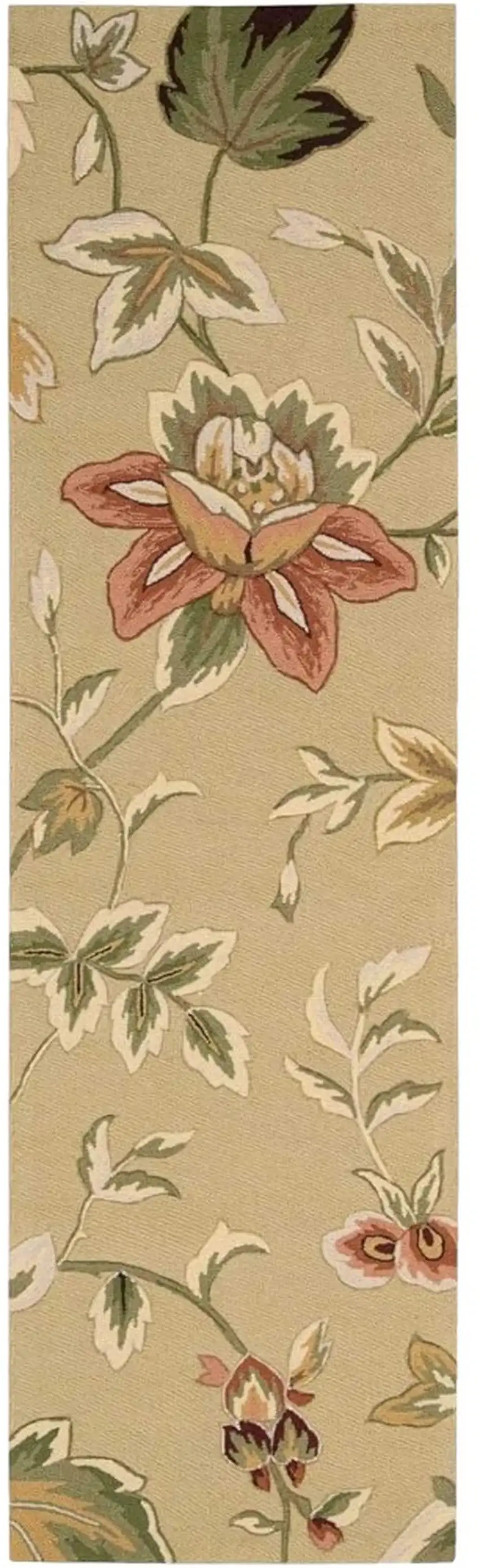 8' Beige and Red Botanical Leaves Hand Carved Handmade Runner Rug Photo 1