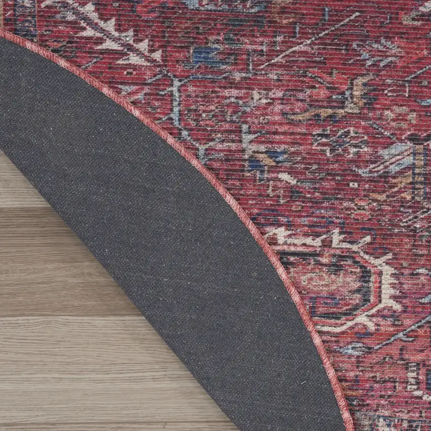 8' Beige and Red Round Floral Power Loom Distressed Area Rug Photo 9