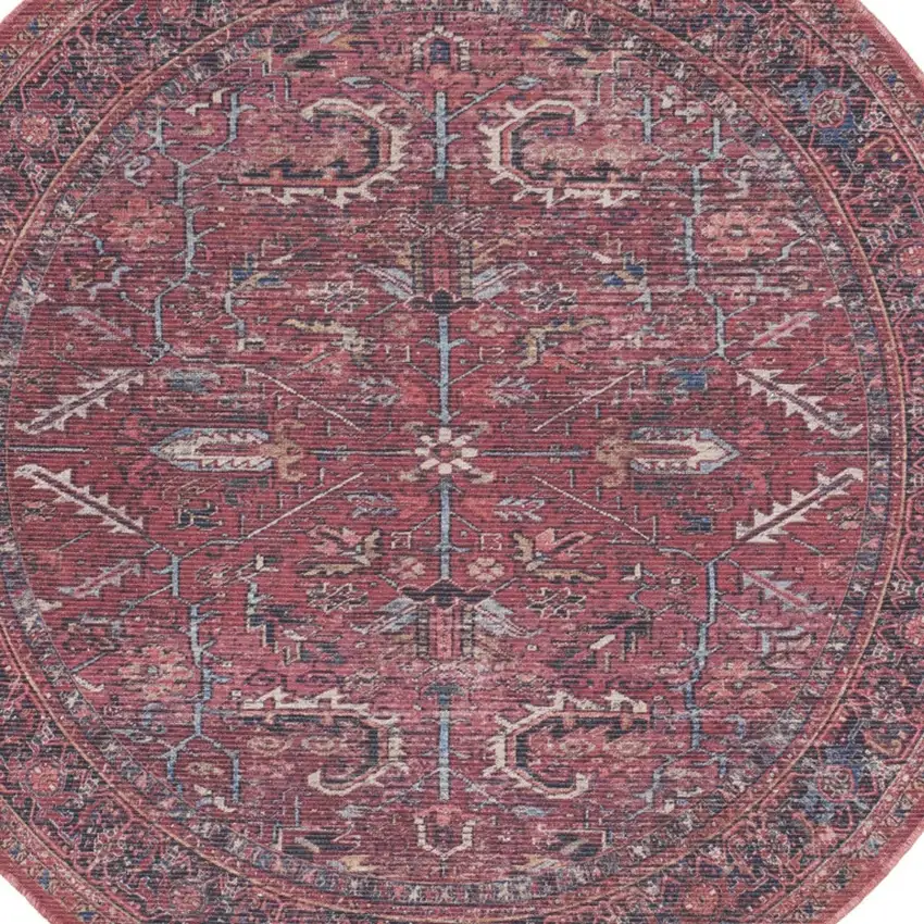 8' Beige and Red Round Floral Power Loom Distressed Area Rug Photo 7