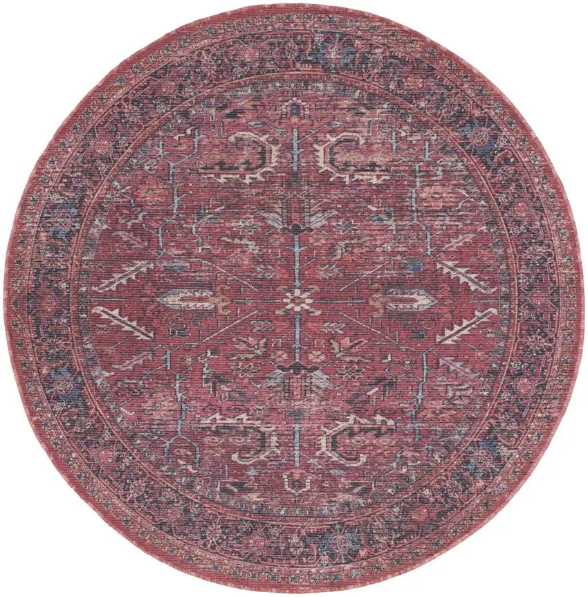 8' Beige and Red Round Floral Power Loom Distressed Area Rug Photo 2