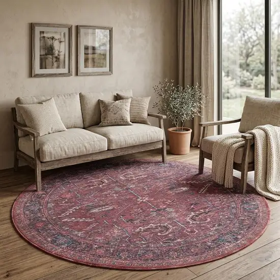 8' Beige and Red Round Floral Power Loom Distressed Area Rug Photo 1
