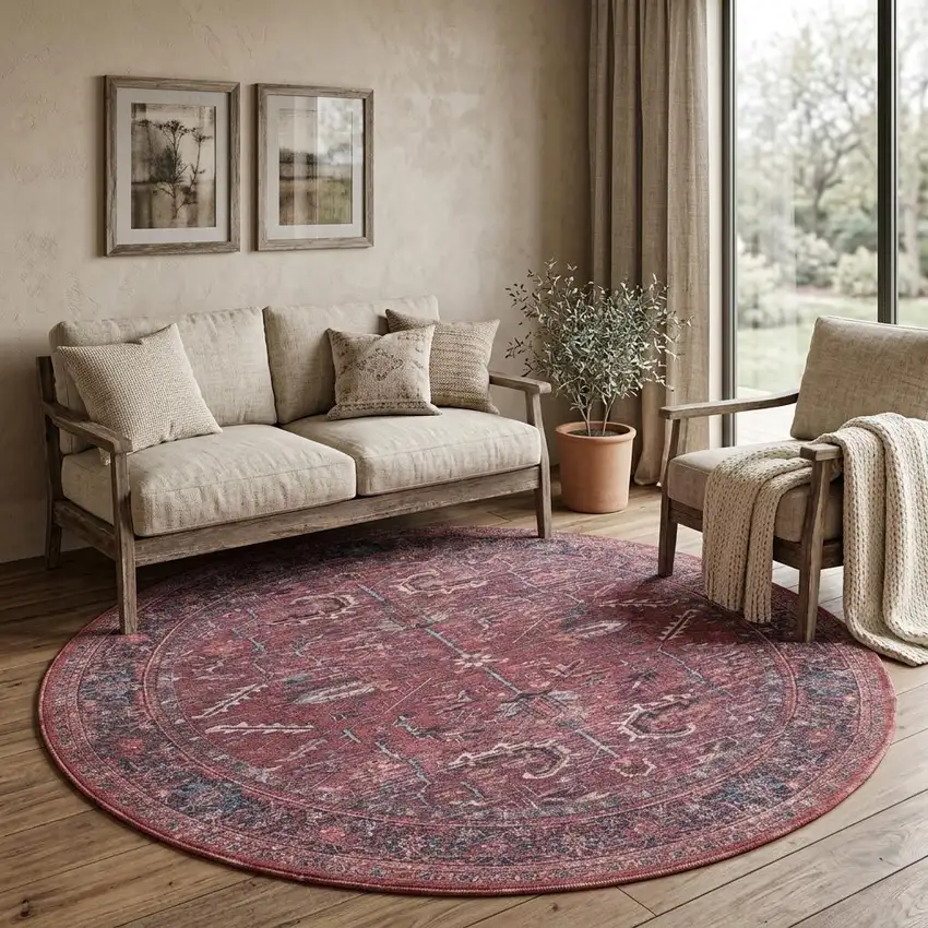 8' Beige and Red Round Floral Power Loom Distressed Area Rug Photo 1