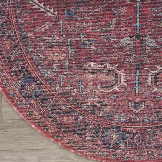 8' Beige and Red Round Floral Power Loom Distressed Area Rug Photo 9