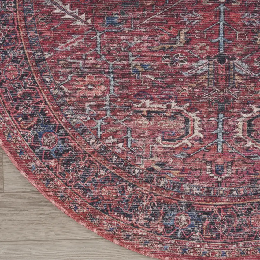 8' Beige and Red Round Floral Power Loom Distressed Area Rug Photo 9
