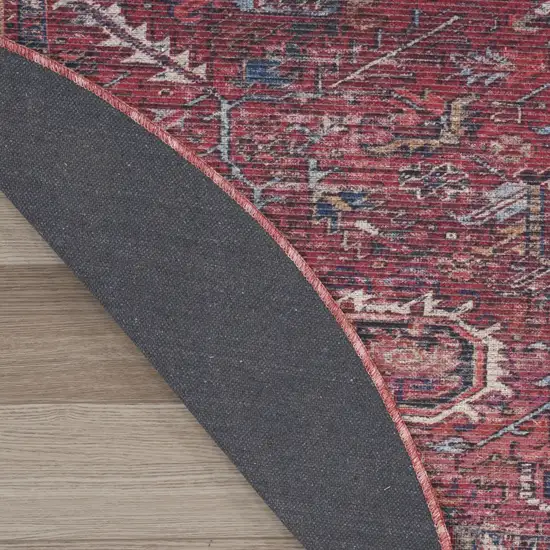 8' Beige and Red Round Floral Power Loom Distressed Area Rug Photo 8