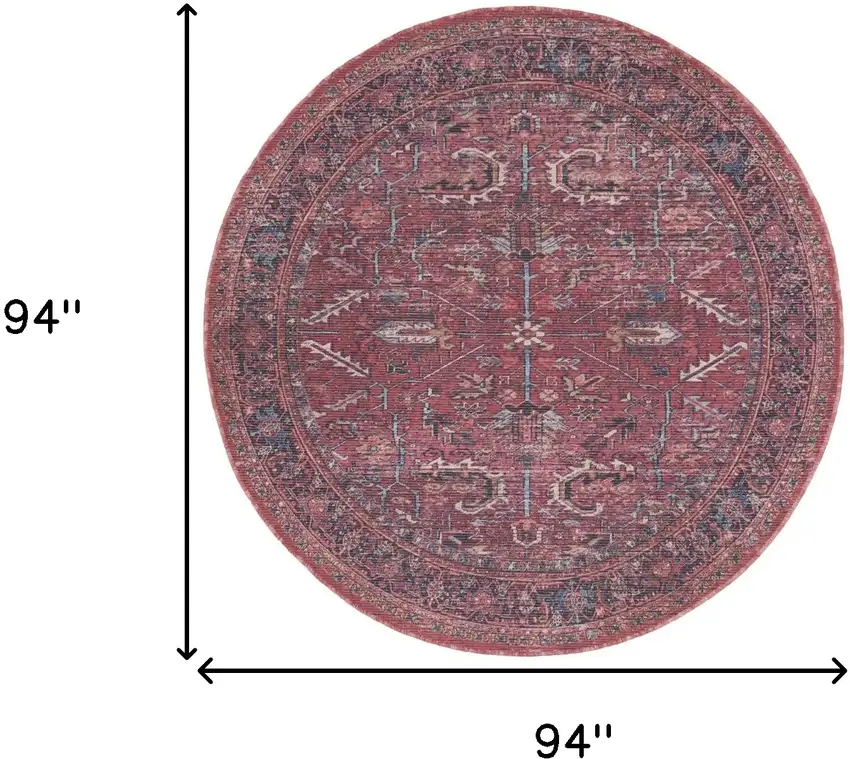 8' Beige and Red Round Floral Power Loom Distressed Area Rug Photo 3