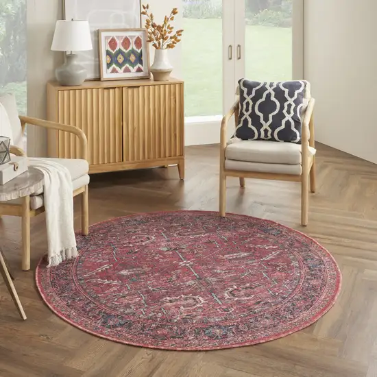 8' Beige and Red Round Floral Power Loom Distressed Area Rug Photo 4