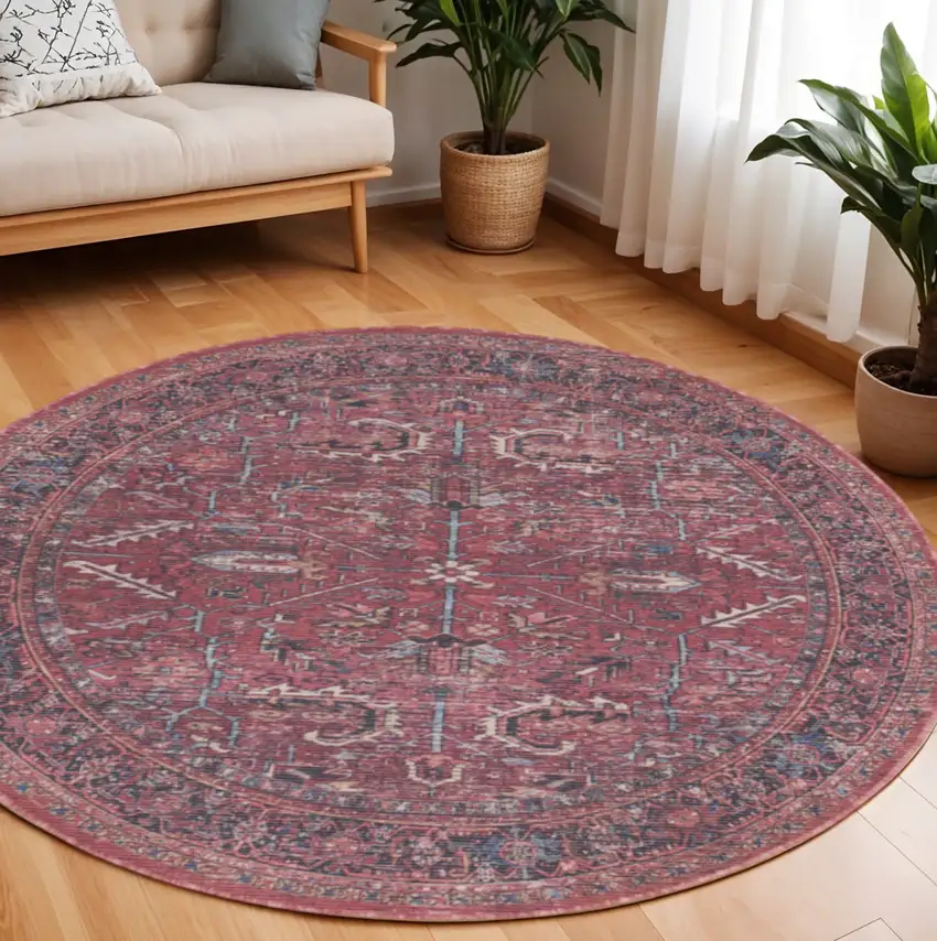 8' Beige and Red Round Floral Power Loom Distressed Area Rug Photo 1