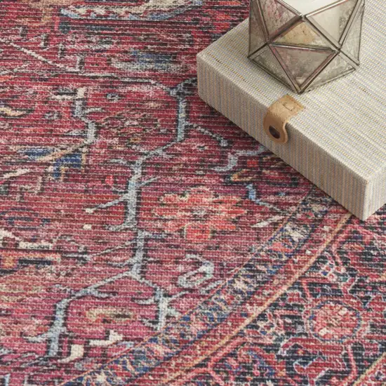 8' Beige and Red Round Floral Power Loom Distressed Area Rug Photo 9