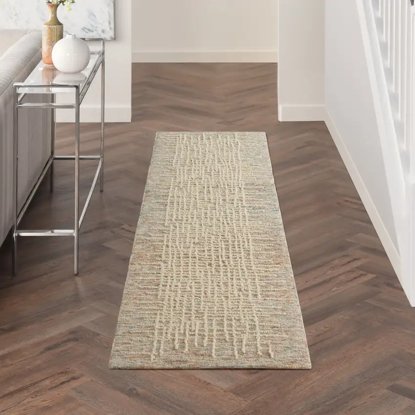 8' Beige and Tan Wool Abstract Runner Rug Photo 5